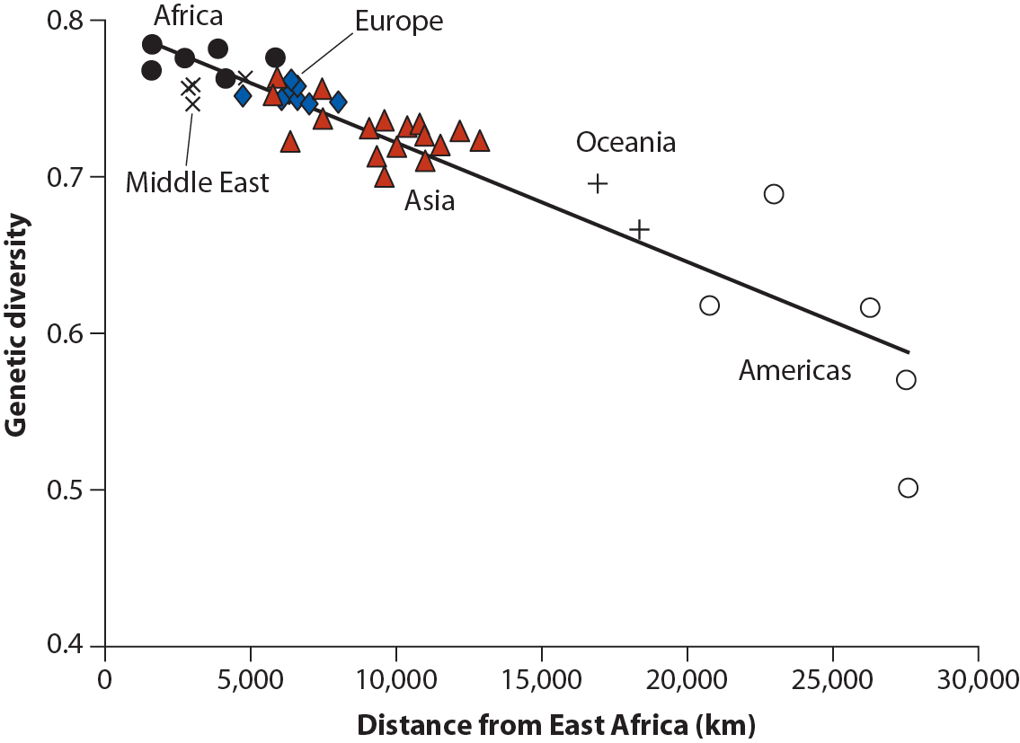 Fig. 1. Relation entre la diversité génétique des populations humaines et leur distance par rapport à l'Afrique